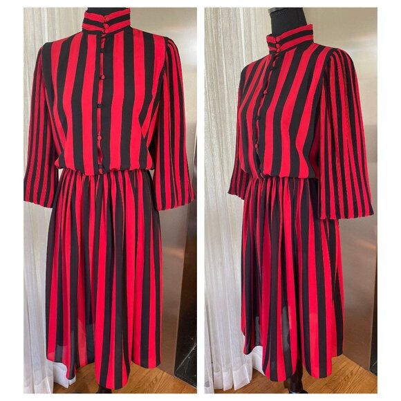 Vintage 1970s dress, black red striped long sleeves, shirtdress, elastic waist - Picture 2 of 9